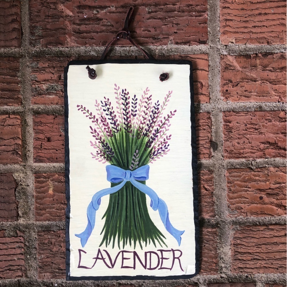 Vintage Lavender Hand Painted Wall & Garden Sign on Hand Cut Slate by Evergreen